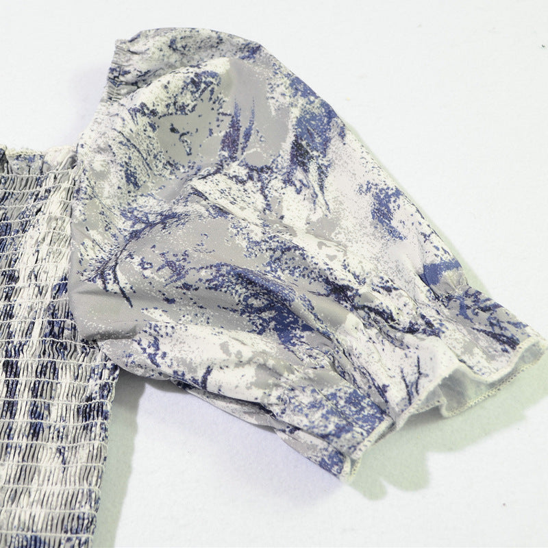 Slim Blouse French Style Tops Leaves Flower Print  Shirt women Elastic Body women's clothing official