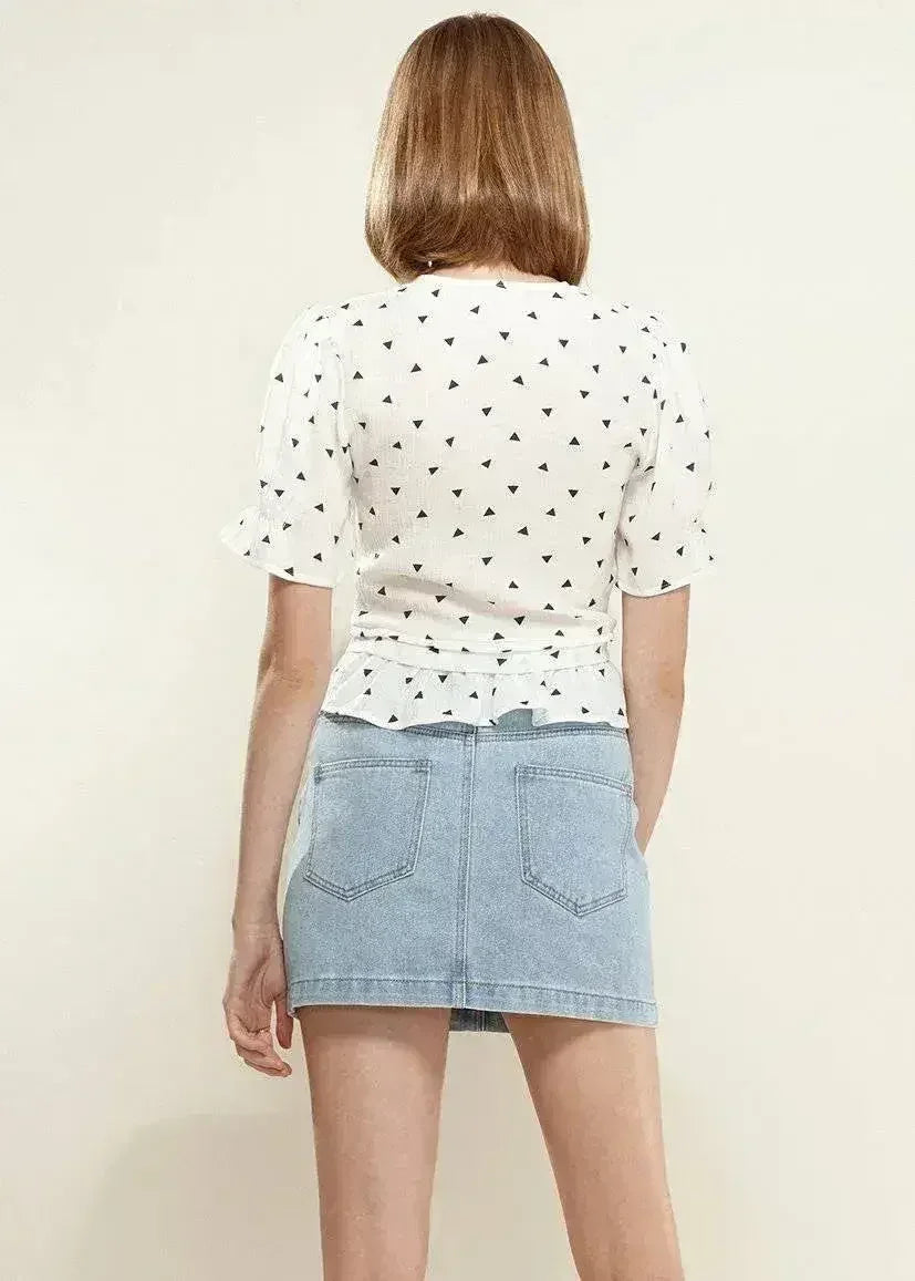 Women's Triangle Print Puff Sleeve Blouse in White triangle | Femstylo