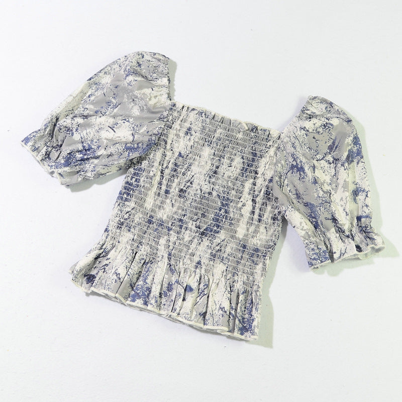 Slim Blouse French Style Tops Leaves Flower Print  Shirt women Elastic Body women's clothing official