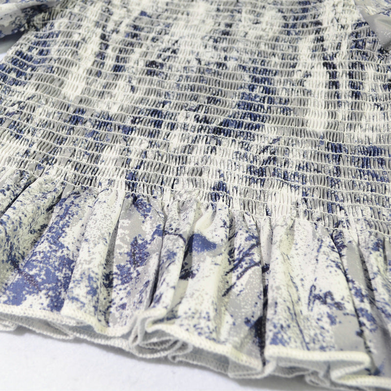 Slim Blouse French Style Tops Leaves Flower Print  Shirt women Elastic Body women's clothing official