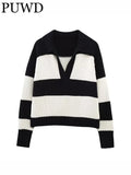 Women Fashion Black Striped Knit Sweater Spring Vintage Polo Neck Long Sleeve Female Pullovers Chic Tops