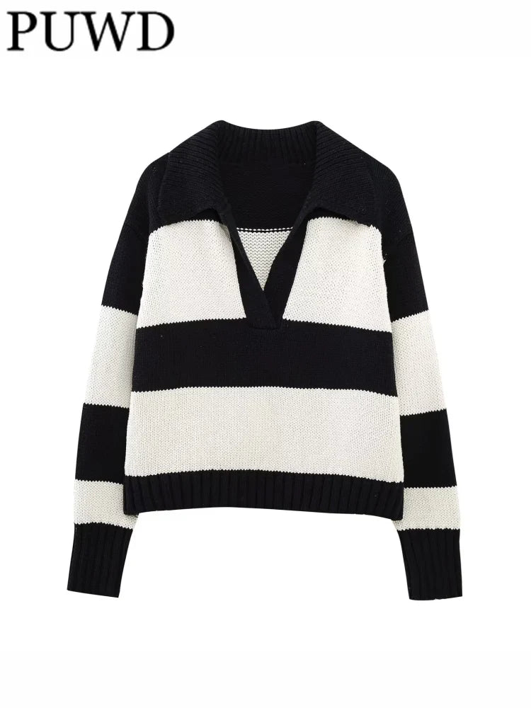 Women Fashion Black Striped Knit Sweater Spring Vintage Polo Neck Long Sleeve Female Pullovers Chic Tops