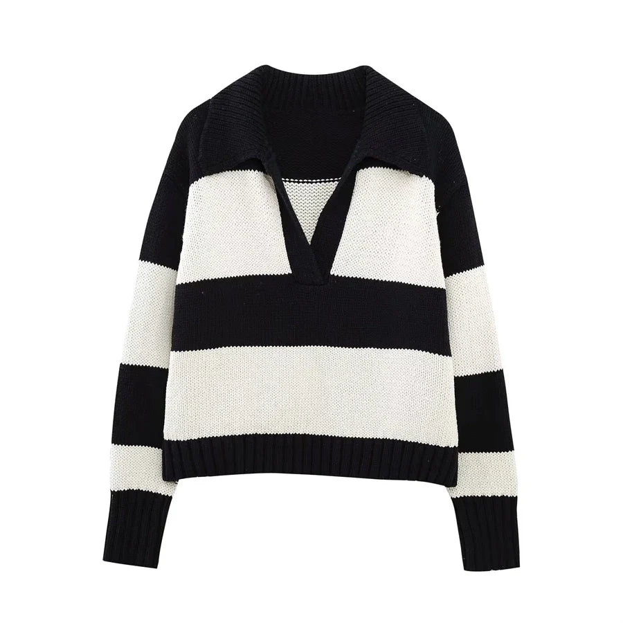 Women Fashion Black Striped Knit Sweater Spring Vintage Polo Neck Long Sleeve Female Pullovers Chic Tops