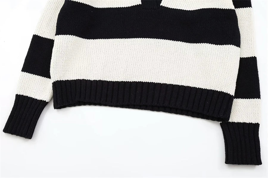Women Fashion Black Striped Knit Sweater Spring Vintage Polo Neck Long Sleeve Female Pullovers Chic Tops
