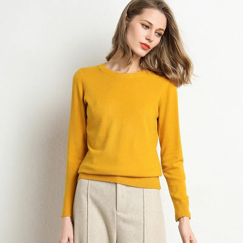 Women's Slim O-Neck Cashmere Wool Blend Sweater Trendy