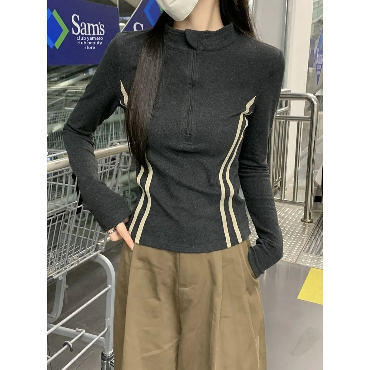 Women's Retro Short Fit Half Zip Long Sleeve T-Shirt Trendy