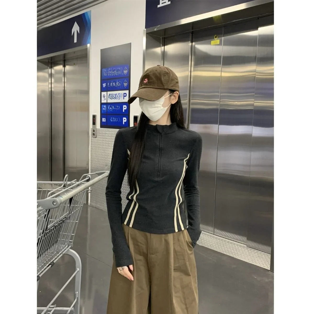 Women's Retro Short Fit Half Zip Long Sleeve T-Shirt Trendy