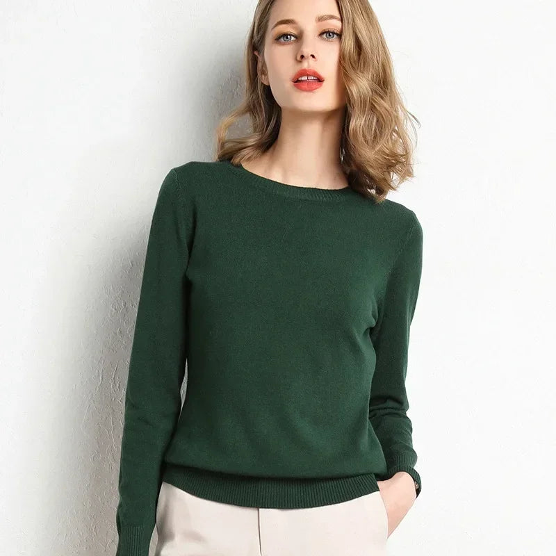 Women's Slim O-Neck Cashmere Wool Blend Sweater Trendy