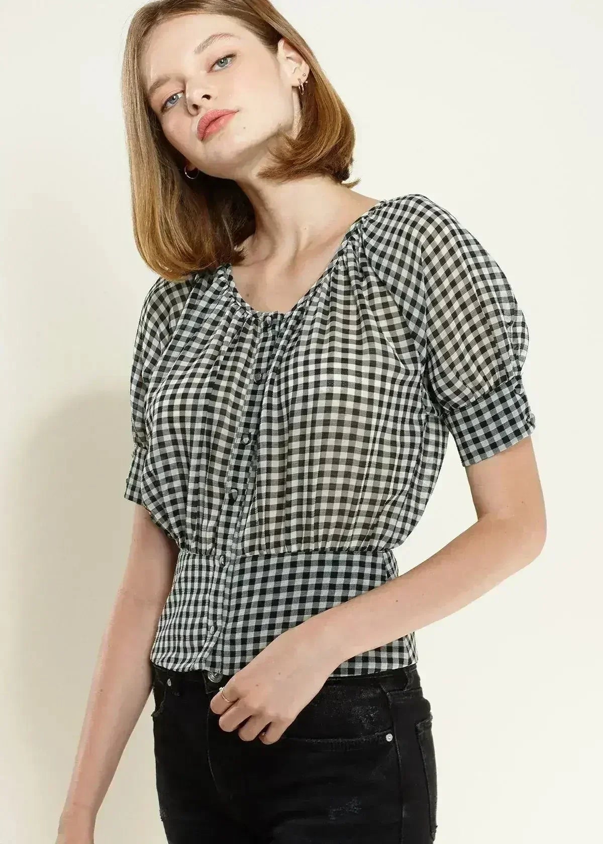 Button Down Peplum Cropped Blouse in Black | Femstylo